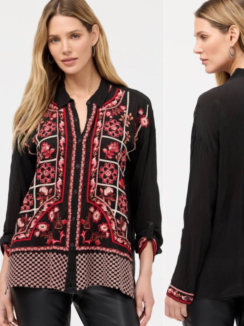 Johnny Was Slim Audrey Collared Shirt Floral Red Black Petite XS